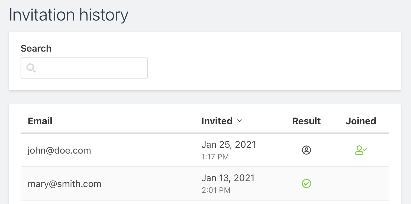 Screenshot of invitation history page