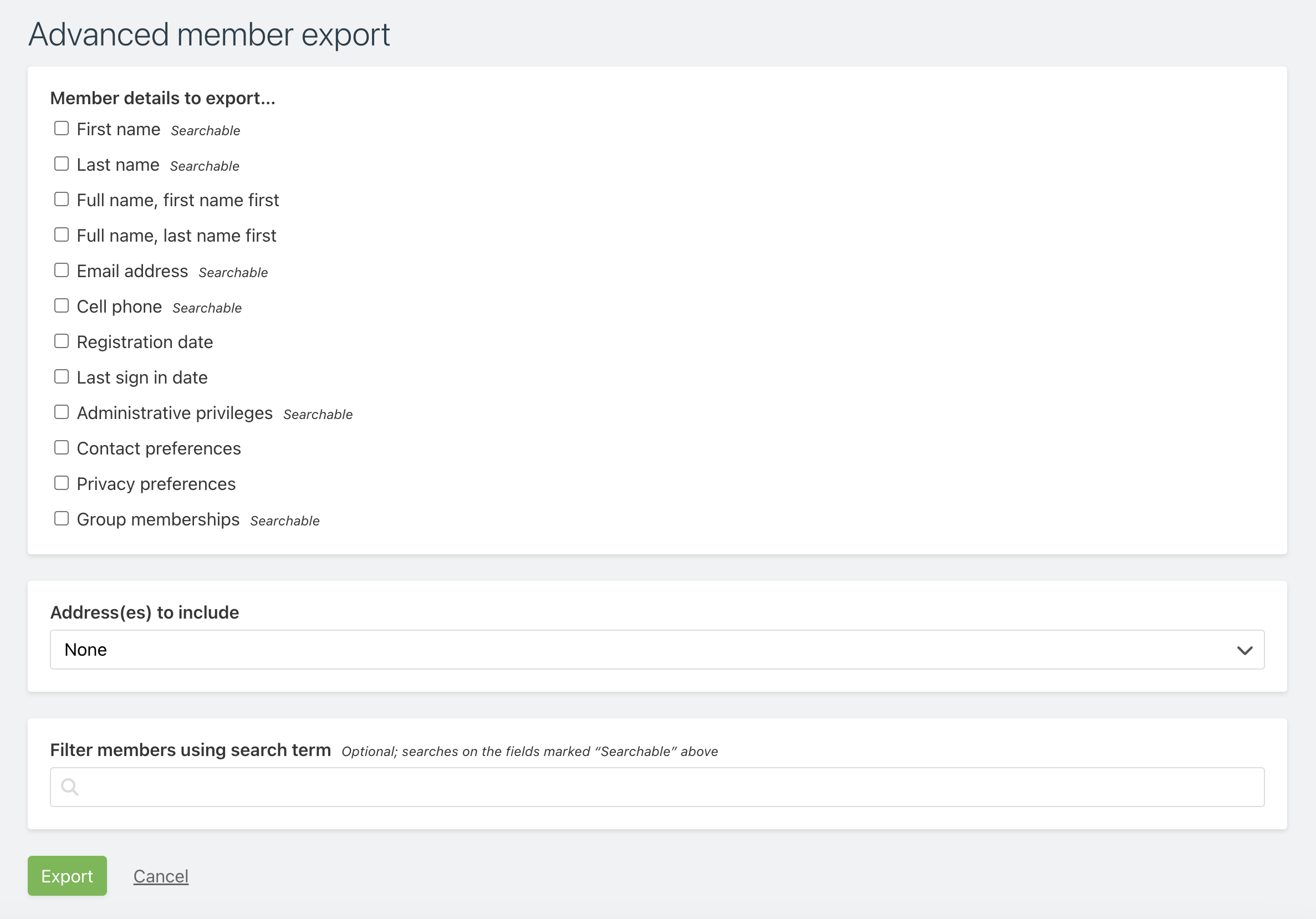 Screenshot of the advanced member export page