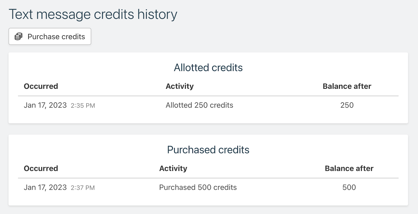 Screenshot of the text message credits history page