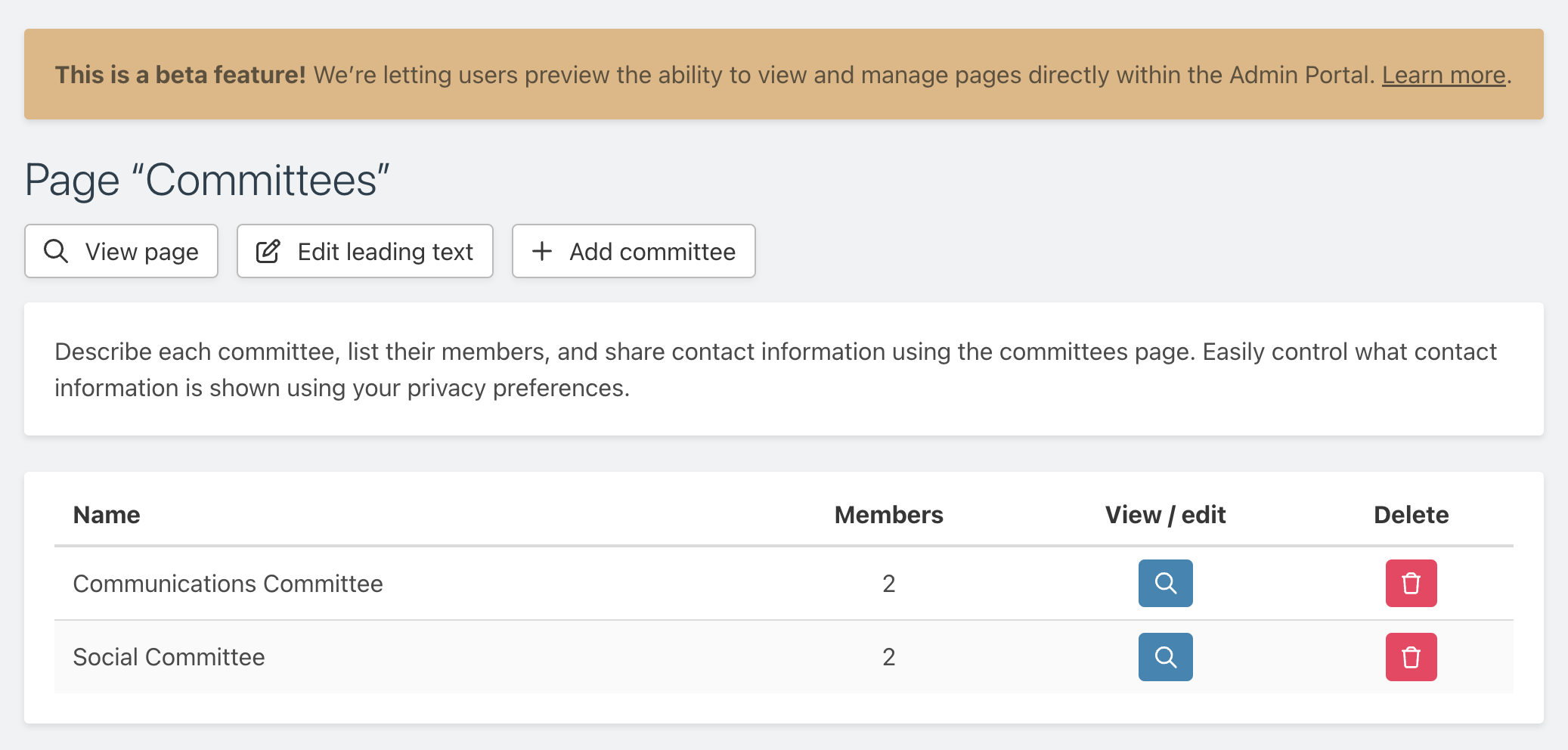 Screenshot of a committees page in the beta page management experience